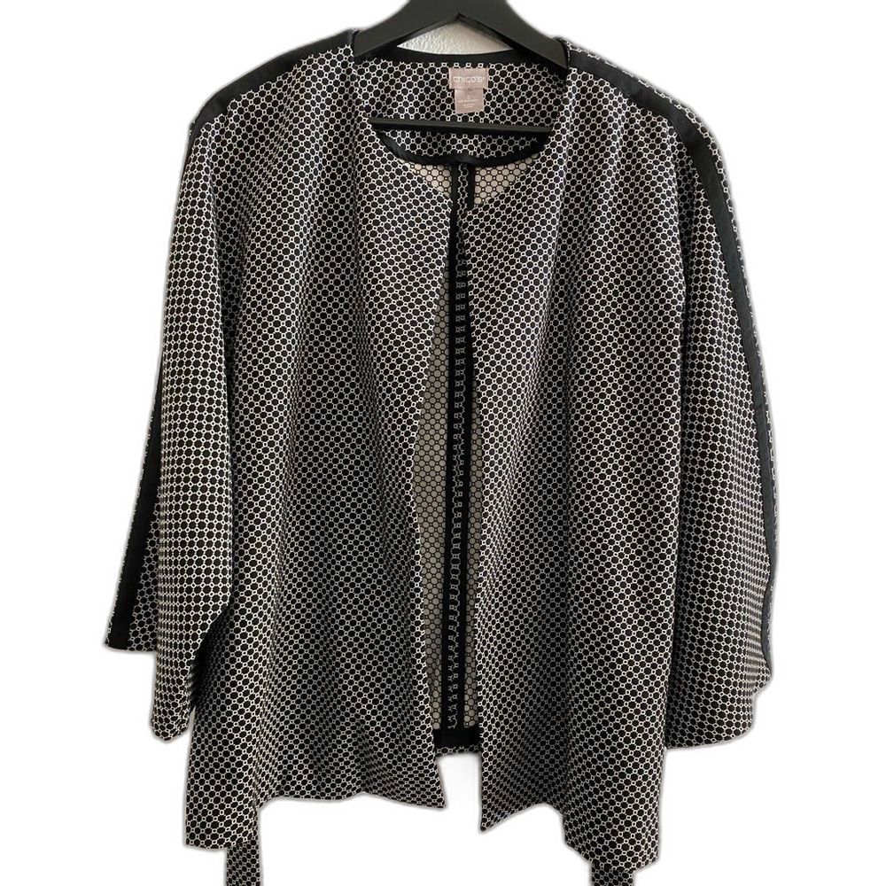 Chico's 2 (L) Kimono Belted Jacket Black White Open Front Outerwear Coat (OFL)